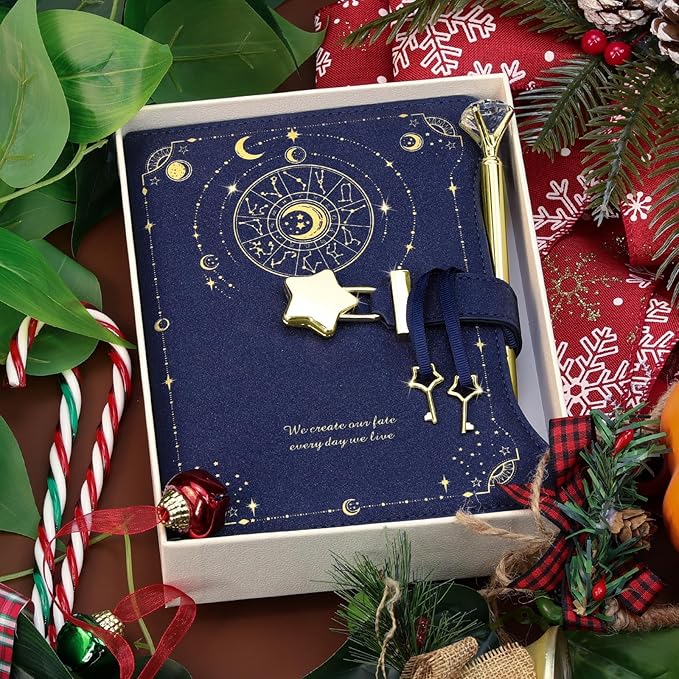 Diary with Lock and Keys for Girls Gift Ideas, 360 Kraft Pages Journal for Women, B6 Refillable Notebook for Writing with Pen and Bookmark (Astro Blue)