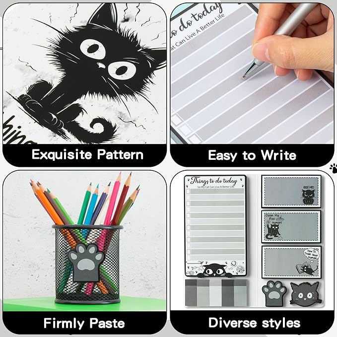 B1ykin Sticky Notes Set - Cartoon Theme Cute Self-Stick Notes Pad Teacher Appreciation Gifts, Self-Adhesive Writing Memo Pages Sticky to Do Notepad for Kids Employee School Office (Funny Black Cat)