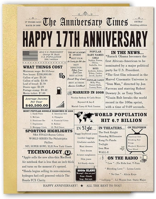 Jumbo 17th Anniversary Cards for Women Men, Retro 17 Year Anniversary Card Gifts for Wife Husband, Large 17th Wedding Anniversary Decoration for Parents