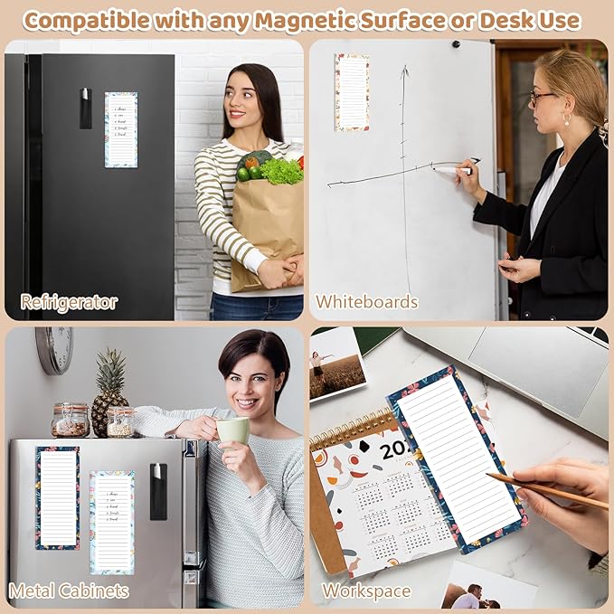 4 Pack Magnetic Note Pad for Fridge with Pen Holder, Totally 200 Sheets Magnetic To Do List, Shopping List, Grocery List, Memo Pads for Refrigerator(Flower Design)
