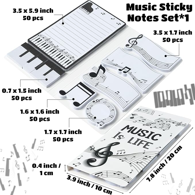 B1ykin Sticky Notes Set - Cartoon Theme Cute Self-Stick Notes Pad Teacher Appreciation Gifts, Self-Adhesive Writing Memo Pages Sticky to Do Notepad for Kids Employee School Office (Music is Life)