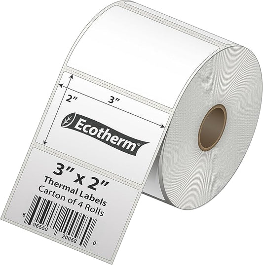 3" x 2" Thermal Labels | 4 Rolls | 2940 Labels | fits Zebra, Munbyn, Rollo, Godex, Arkscan, iDPRT, Offnova Thermal Label Printers and More | Blank White Adhesive Stickers by Ecotherm