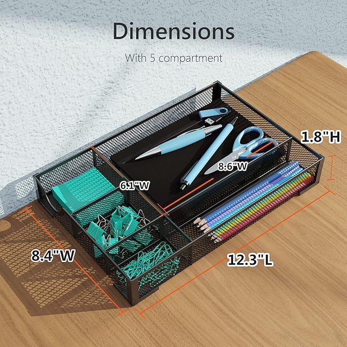 Desk Drawer Organizer, Office Desk Organizer Tray with 5 Dividers, Pen Pencil Drawer Organizer for Office Supplies, Desktop, Bathroom, Kitchen, Makeup, Vanity 