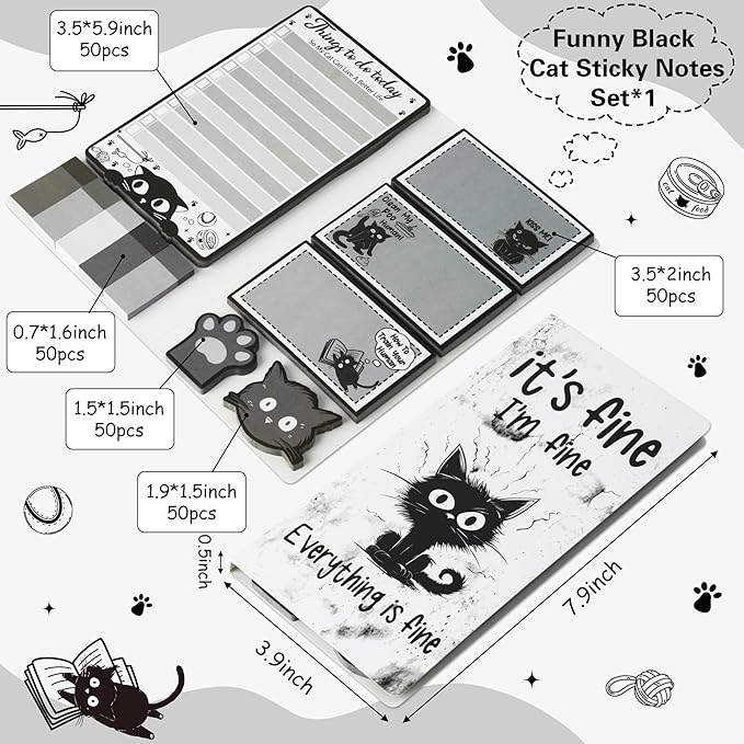 B1ykin Sticky Notes Set - Cartoon Theme Cute Self-Stick Notes Pad Teacher Appreciation Gifts, Self-Adhesive Writing Memo Pages Sticky to Do Notepad for Kids Employee School Office (Funny Black Cat)