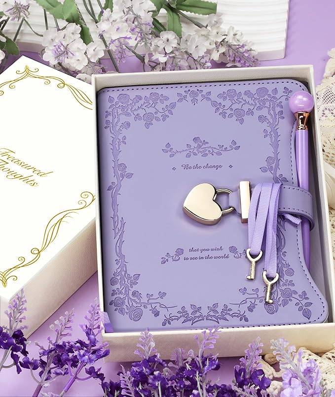 Diary with Lock and Keys for Girls Gift Ideas, 360 Gold Edged Pages Journal for Women, B6 Refillable Notebook for Writing with Pen and Bookmark (Garden Purple)