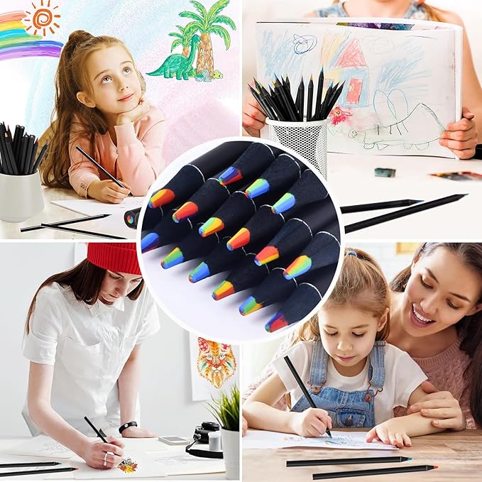 7 Color in 1 Rainbow Colored Pencils, Black Wooden Pencils, Multicolored Art Supplies for Coloring Drawing Sketching, Pre-sharpened 16Pcs