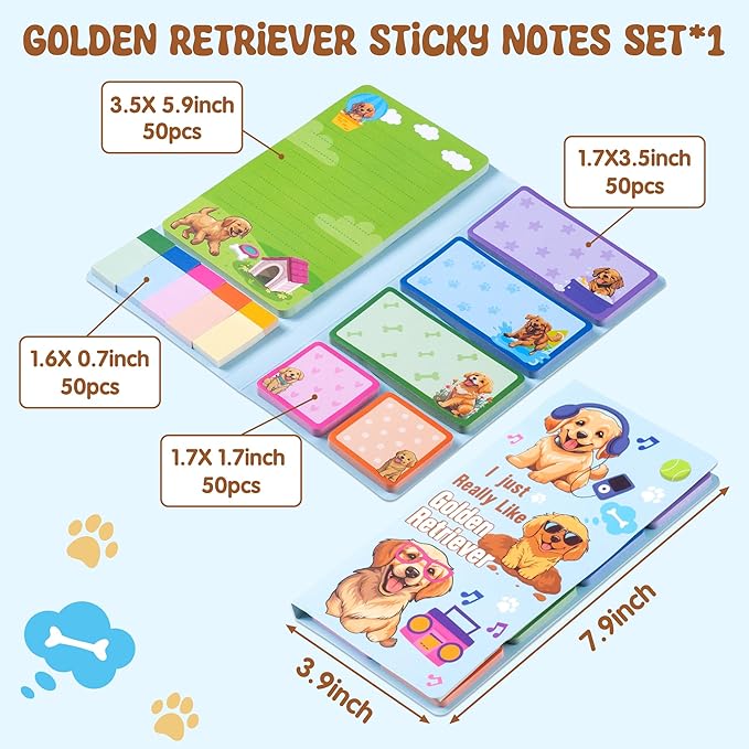 B1ykin Sticky Notes Set - Cartoon Theme Cute Self-Stick Notes Pad Teacher Appreciation Gifts, Self-Adhesive Writing Memo Pages Sticky to Do Notepad for Kids Employee School Office (Golden Retriever)