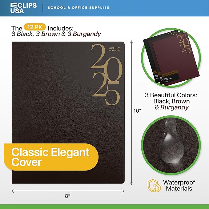 Weekly Planner 2025, Planner, 2025 Weekly Planner, 2025 Planner Weekly And Monthly, 8” x 10”, Weekly Pages, 6 Black 3 Brown 3 Burgundy, (12 Pack, 8 X 10)