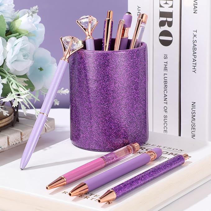 Sabary 8 Pcs Ballpoint Pens with Pen Holder for Desk Glitter Crystal Diamond Fancy Pencil Holder Bling Desk Organizer Cute Stationery Supplies for Women Girls Wedding Office School Gifts(Violet)