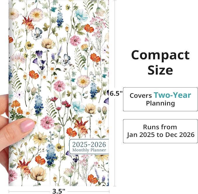 Pocket Calendar 2025-2026 for Purse, Two Year Monthly Planner Pocket Size, Jan 2025 to Dec 2026, Monthly Pocket Planner Small Size (6.5" x 3.5") - Wildflower