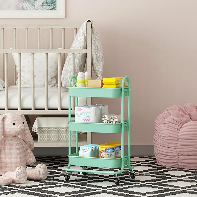 3-Tier Green Utility Rolling Cart,Kitchen Storage Carts with Wheels,Green Metal Rolling Cart for Office,Home,Kitchen,Garden๏ผ18"x11.4"x31.2"๏ผ