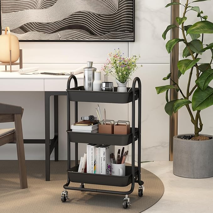 3-Tier Black Utility Rolling Cart,Kitchen Storage Carts with Wheels,Black Metal Rolling Cart for Office,Home,Kitchen,Garden๏ผ18"x11.4"x31.2"๏ผ
