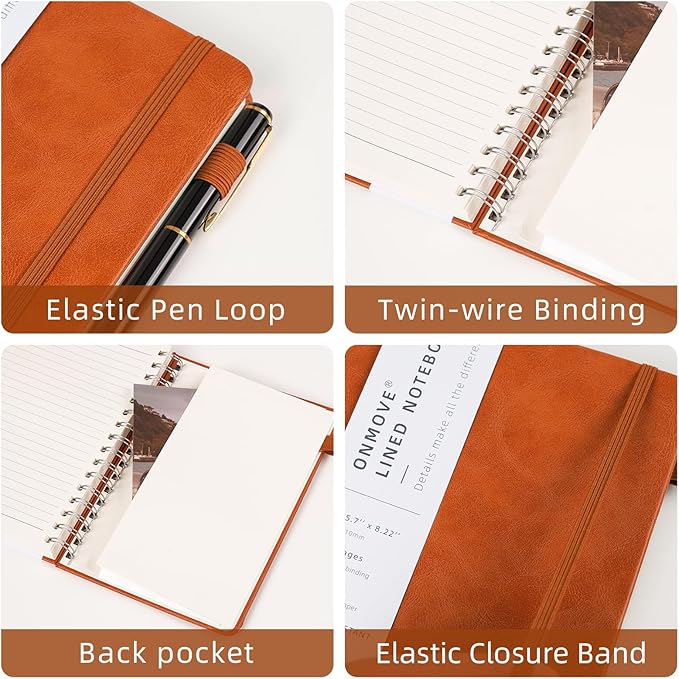 Lined Spiral Notebook Journal for Women Men 160 Pages A5 College Ruled Hardcover Leather with Pen Holder Notebook Journals for Note Taking Work Brown