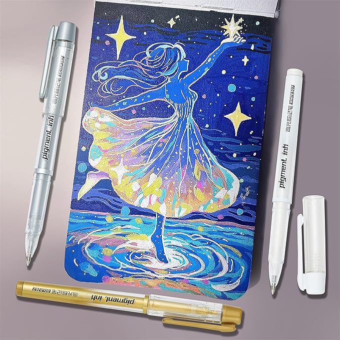 3 Colors Gel Pen Set, 6 Pack, 0.7mm Extra Fine Point,White,Gold and Silver Gel Ink Pens for Artists,White Pens for Black Paper,Artists Drawing,Journaling, Coloring  