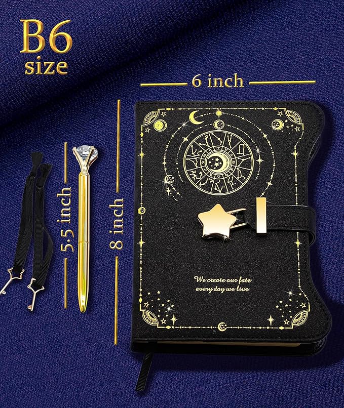 Diary with Lock and Keys for Girls Gift Ideas, 360 Kraft Pages Journal for Women, B6 Refillable Notebook for Writing with Pen and Bookmark (Astro Black)