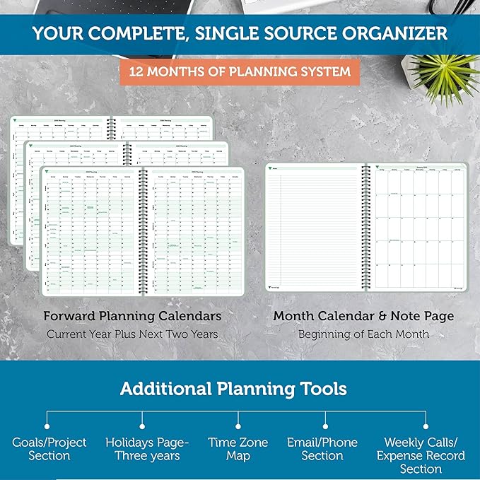 Planner Pad Spiral Bound July 2024 – June 2025 / Academic Year, 8 1/2" x 11" Large, 3-Tier Funnel Down 12 Month Organizer, Greenish Grey Cover/Soft Green Ink
