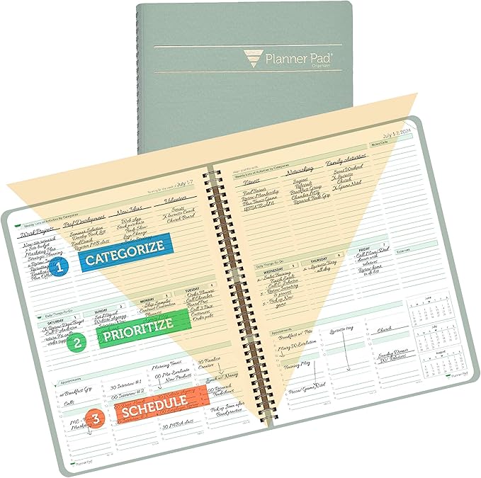 Planner Pad Spiral Bound July 2024 – June 2025 / Academic Year, 8 1/2" x 11" Large, 3-Tier Funnel Down 12 Month Organizer, Greenish Grey Cover/Soft Green Ink