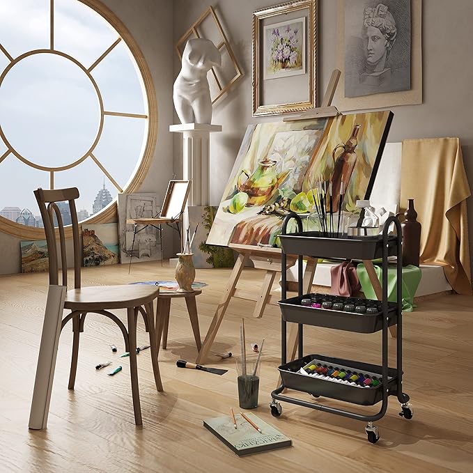 3-Tier Black Utility Rolling Cart,Kitchen Storage Carts with Wheels,Black Metal Rolling Cart for Office,Home,Kitchen,Garden๏ผ18"x11.4"x31.2"๏ผ