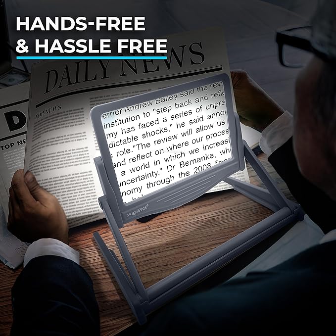 MAGNIPROS Patented 5X Large LED Page Magnifying Glass with Collapsible & Detachable Stand | 3 Color Modes & Anti-Glare Lens to Reduce Eye Strain- Ideal for Reading Fine Print, Crafting, Low Vision