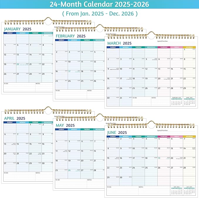 Wall Calendar 2025-2026 – 2 Year Calendar 2025-2026, 11 x 8.5 In, Jan 2025 - Dec 2026, 2025 Calendar 24 Months, Small Monthly Calendar 2025, with Ruled Blocks, Thick Paper, Holidays, To-dos & Notes
