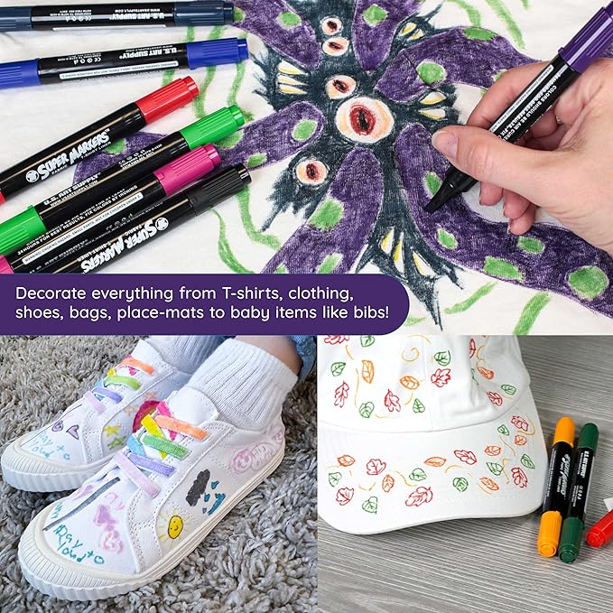 U.S. Art Supply Super Markers 20 Unique Colors Dual Tip Fabric & T-Shirt Marker Set-Double-Ended Fabric Markers with Chisel Point and Fine Point Tips - 20 Permanent Ink Vibrant and Bold Colors