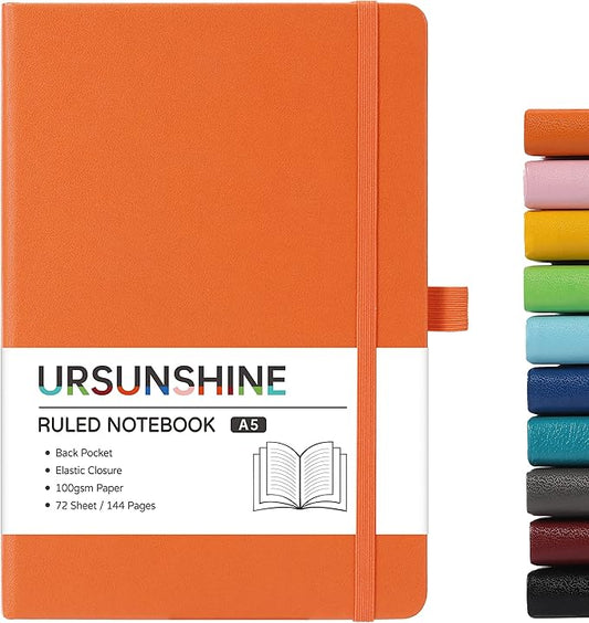 Ruled Notebook/Journal - Classic Lined Journal/Notebook, Hardcover with Thick Paper, 5.7" x 8.4", Banded + Pen Holder +Inner Pocket - Orange