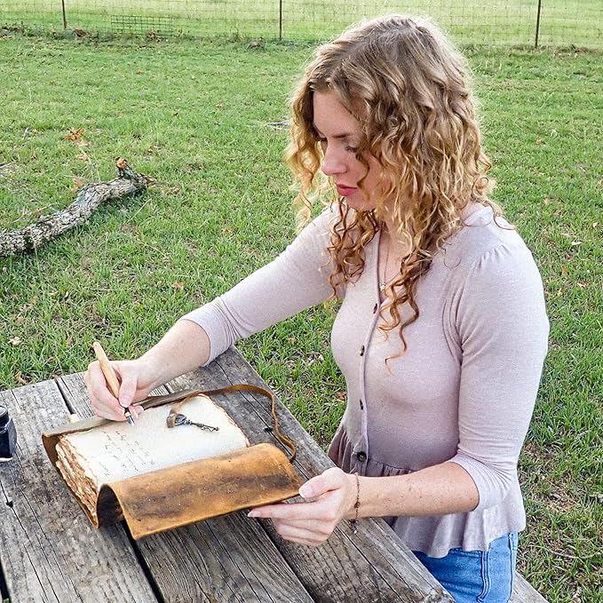 LEATHER VILLAGE Vintage Leather Journal – 200 Handmade Vintage Deckle Edge Paper – Leather bound Journal For Women Men – Vintage Key Closure - Book of Shadows - Blue - 10X7 inches
