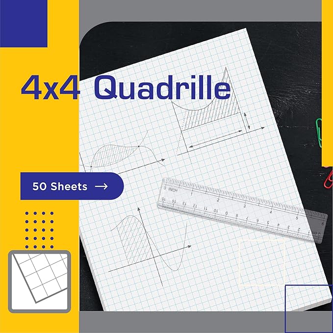 Better Office Products Graph Paper Pad, 8.5" x 11", 50 Sheets, Double Sided, White, 4x4 Blue Quad Rule, Easy Tear, Grid Paper, Graph Paper