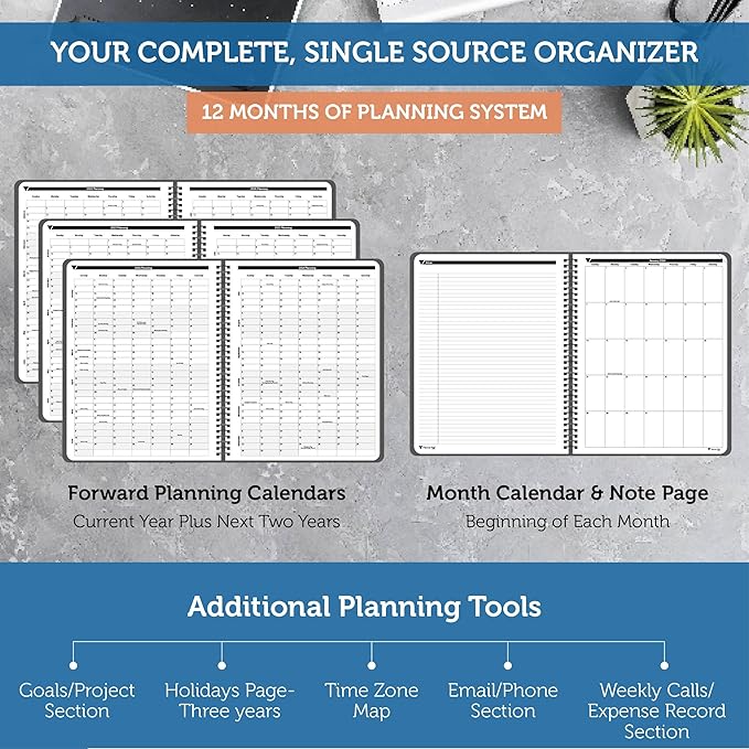 Planner Pad Spiral Bound 3-Tier Funnel Down 12 Month Organizer, Calendar Year (January-December 2024), Black Cover/Black Ink, 8 1/2" x 11"