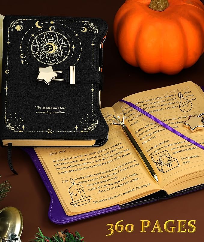 Diary with Lock and Keys for Girls Gift Ideas, 360 Kraft Pages Journal for Women, B6 Refillable Notebook for Writing with Pen and Bookmark (Astro Black)