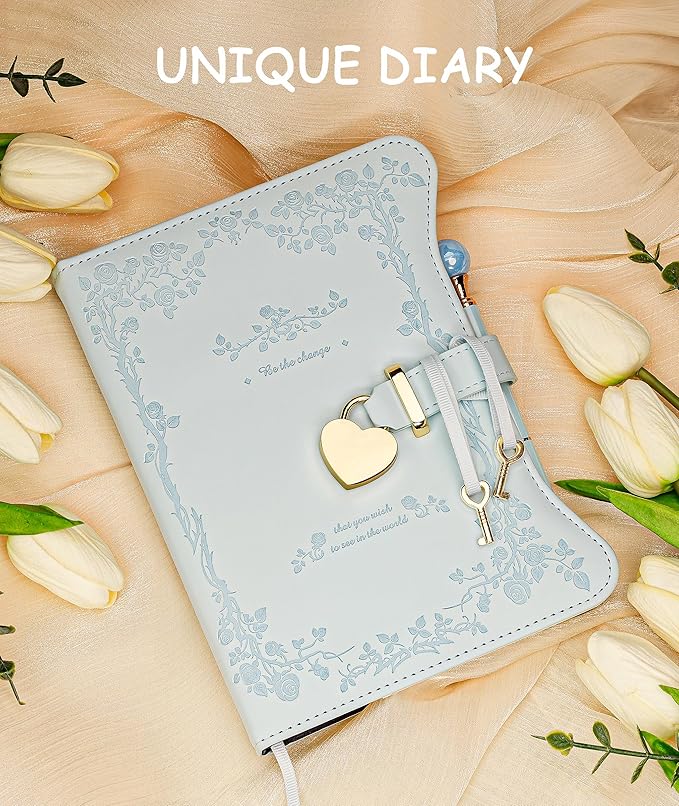 Diary with Lock and Keys for Girls Gifts Ideas, 360 Gold Edged Pages Journal for Women, B6 Refillable Notebook for Writing with Pen and Bookmark (Light Blue)