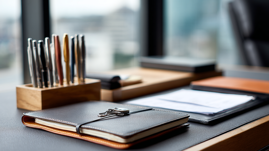 A modern office desk with a leather notebook, pens in a wooden holder, and organized writing pads, with a city view in the background highlighting professionalism and productivity.