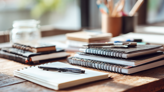 A wooden desk with neatly stacked spiral notebooks, journals, and pads, accompanied by pens and pencils in holders, representing organized note-taking, productivity, and a bright, professional workspace