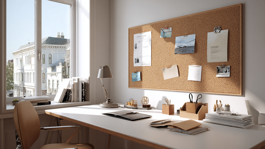 Minimal modern office desk with a cork bulletin board on the wall, tidy stationery and desk accessories arranged neatly, sunlight coming through a large window.