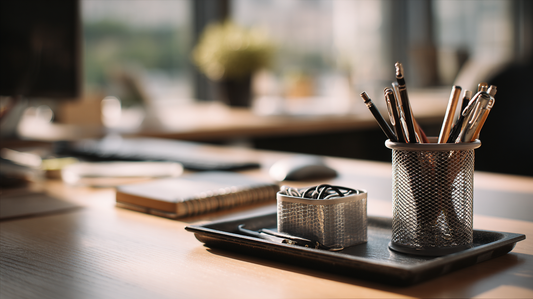 Close-up of an office desk with a metal cup holding pencils and pens, a container of rubber bands on a tray, and notebooks in the background with soft natural light.