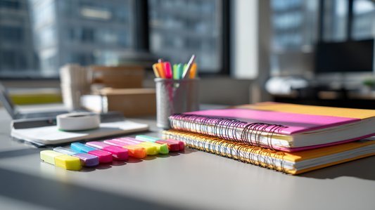 Colorful highlighters and notebooks on a modern office desk with pens in a holder, bright natural light from large windows in the background.