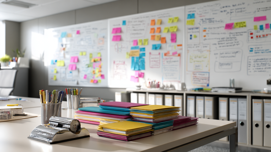 Modern office workspace with colorful folders on a desk, pens in a holder, a metal hole punch, and large whiteboards covered in notes and sticky papers in the background.