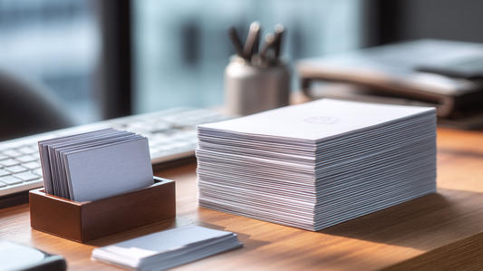 Stack of white business cards and printer paper on a wooden office desk with pens and a keyboard in the background, modern professional workspace.