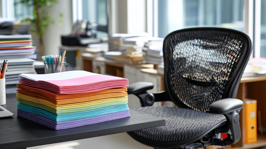 Ergonomic black office chair beside a desk with a large stack of colorful specialty paper, modern office workspace with shelves and natural light in the background.