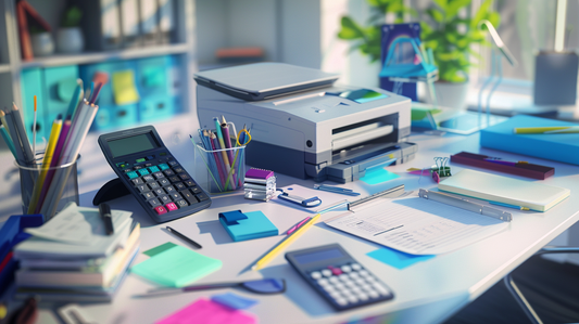 Realistic office desk with printer, calculators, notebooks, and colorful paper products arranged neatly