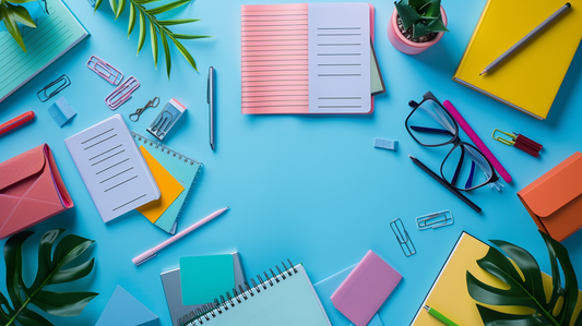 Colorful flatlay of planners, notebooks, paper clips, pens, and desk accessories on a bright blue background