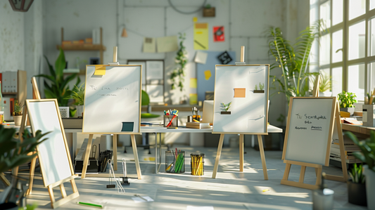 Modern office space with presentation easel boards, sticky notes, and desk supplies arranged neatly