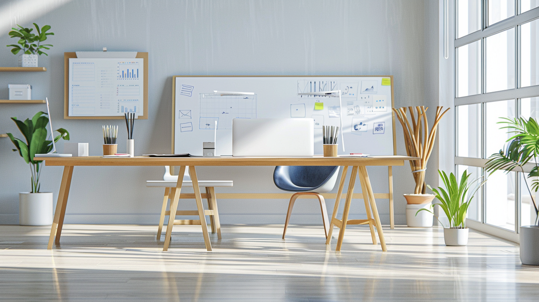 Modern office with large desk, computer, whiteboards, and charts arranged neatly with plants