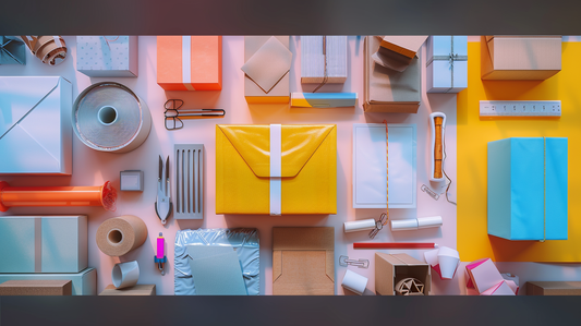 Colorful flatlay of mailing boxes, bubble wrap, packing tape, cutters, and adhesives for secure shipping