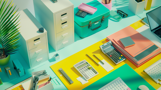 Colorful office desk with filing cabinets, calculators, notebooks, and storage boxes arranged neatly