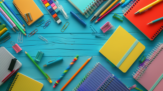 Colorful flatlay of notebooks, pads, pens, pencils, and writing instruments on a bright blue desk