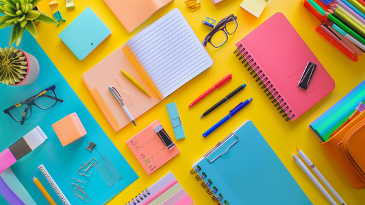 Colorful flatlay of notebooks, pens, sticky notes, paper clips, and desk accessories on a bright yellow desk
