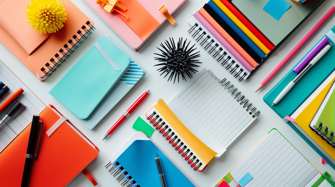 Colorful flatlay of notebooks, pads, pens, and pencils arranged neatly on a bright desk