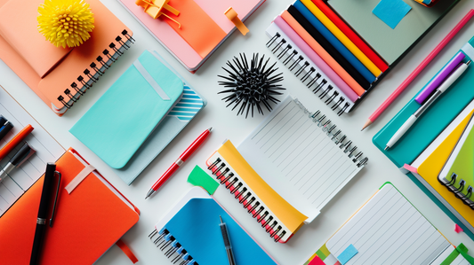 Colorful flatlay of notebooks, pads, pens, and pencils arranged neatly on a bright desk