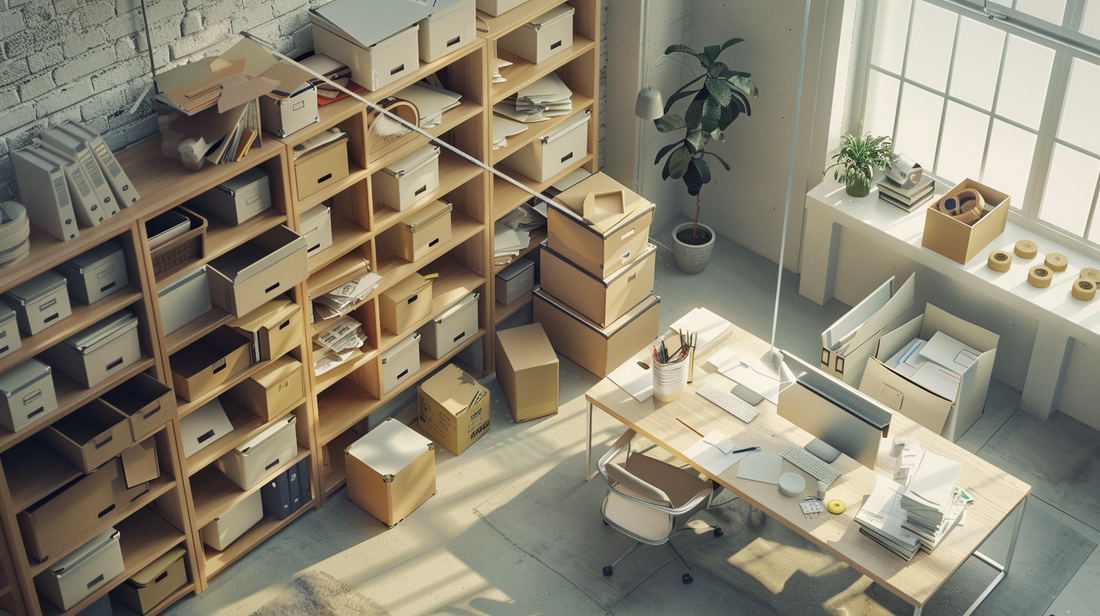 Modern office with shelves full of storage boxes, organized desk, and natural light